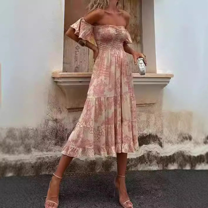 Women's Off-Shoulder Maxi Dress with Ruffle Details and Elastic Waistband Skovae