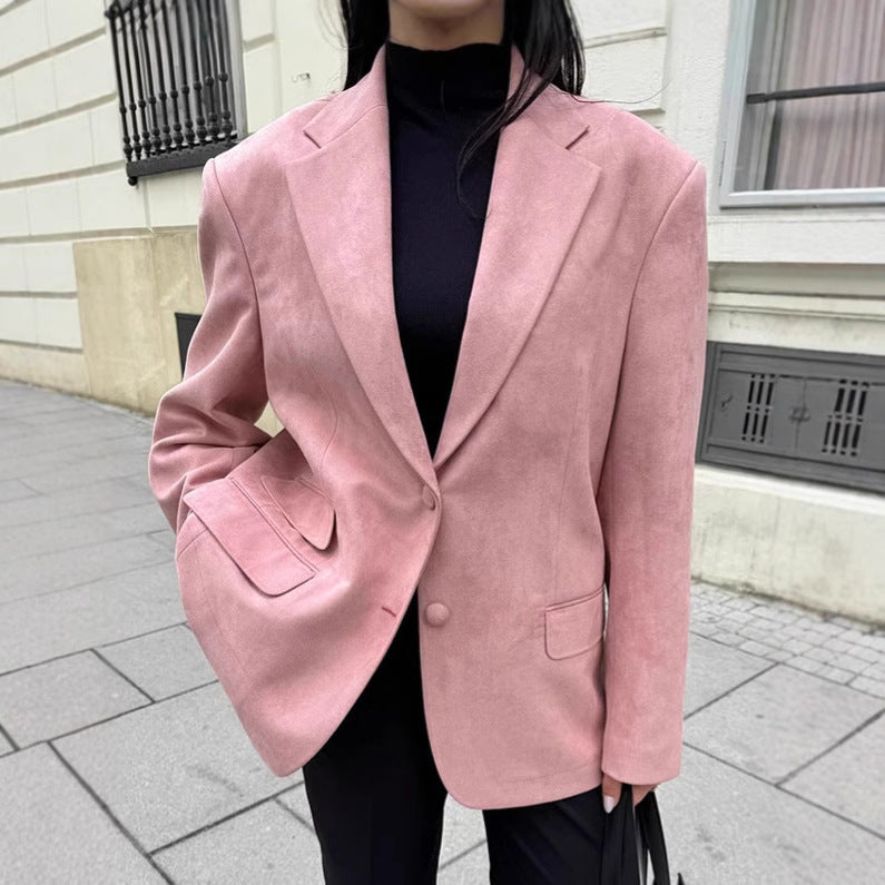 Dame Oversized Blazer i elegant suede-look med dyb revers og praktiske lommer Stilla