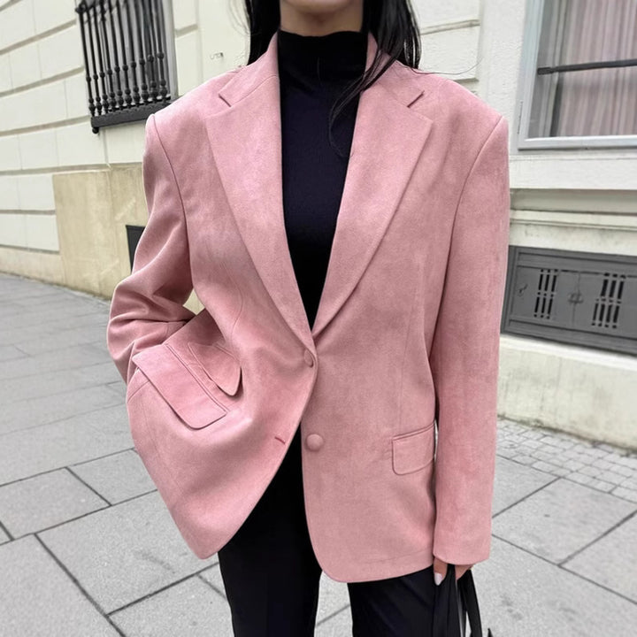 Dame Oversized Blazer i elegant suede-look med dyb revers og praktiske lommer Stilla
