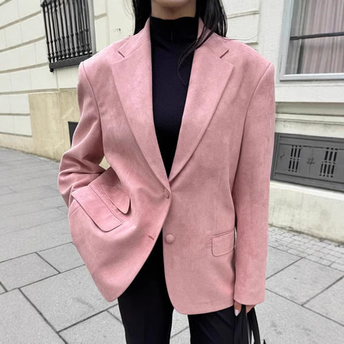 Dame Oversized Blazer i elegant suede-look med dyb revers og praktiske lommer Stilla