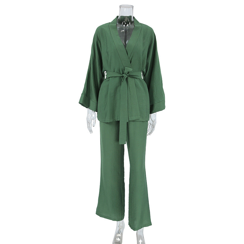 Dame trendy loungewear-sæt med bred kimono-overdel og løs bukser Stilla