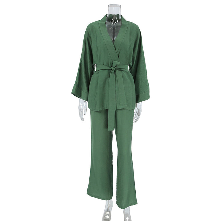 Dame trendy loungewear-sæt med bred kimono-overdel og løs bukser Stilla