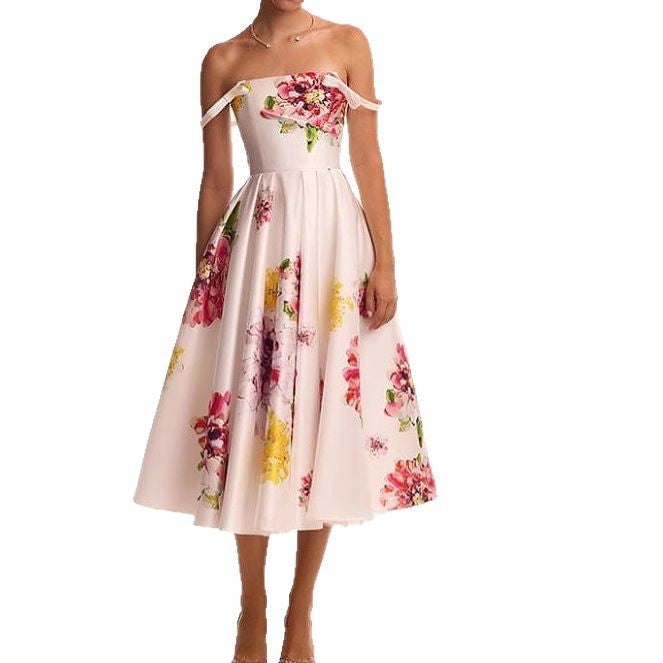 Femme Elegante Off-Shoulder Midi Kjole Stilla