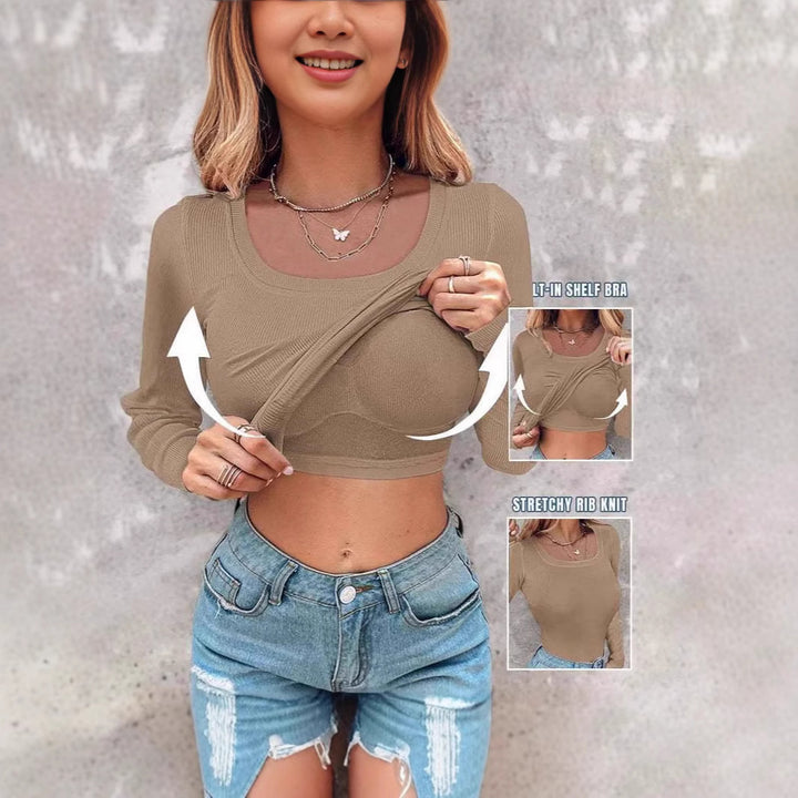 Dame Langærmet Rib-Crop-Top med indbygget BH Stilla