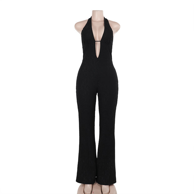 Dame elegant jumpsuit med dyb V-udskæring og udvidet ben Skovae