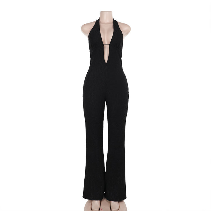 Dame elegant jumpsuit med dyb V-udskæring og udvidet ben Skovae