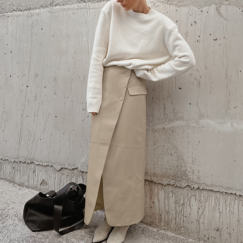 Damer Elegant Wrap Skirt i høj kvalitet kunstlæder med praktiske lommer og side split Stilla