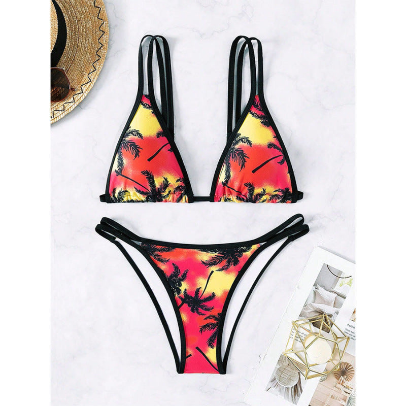 Dame triangel-bikini med stilfuld snit og palmeprint Skovae