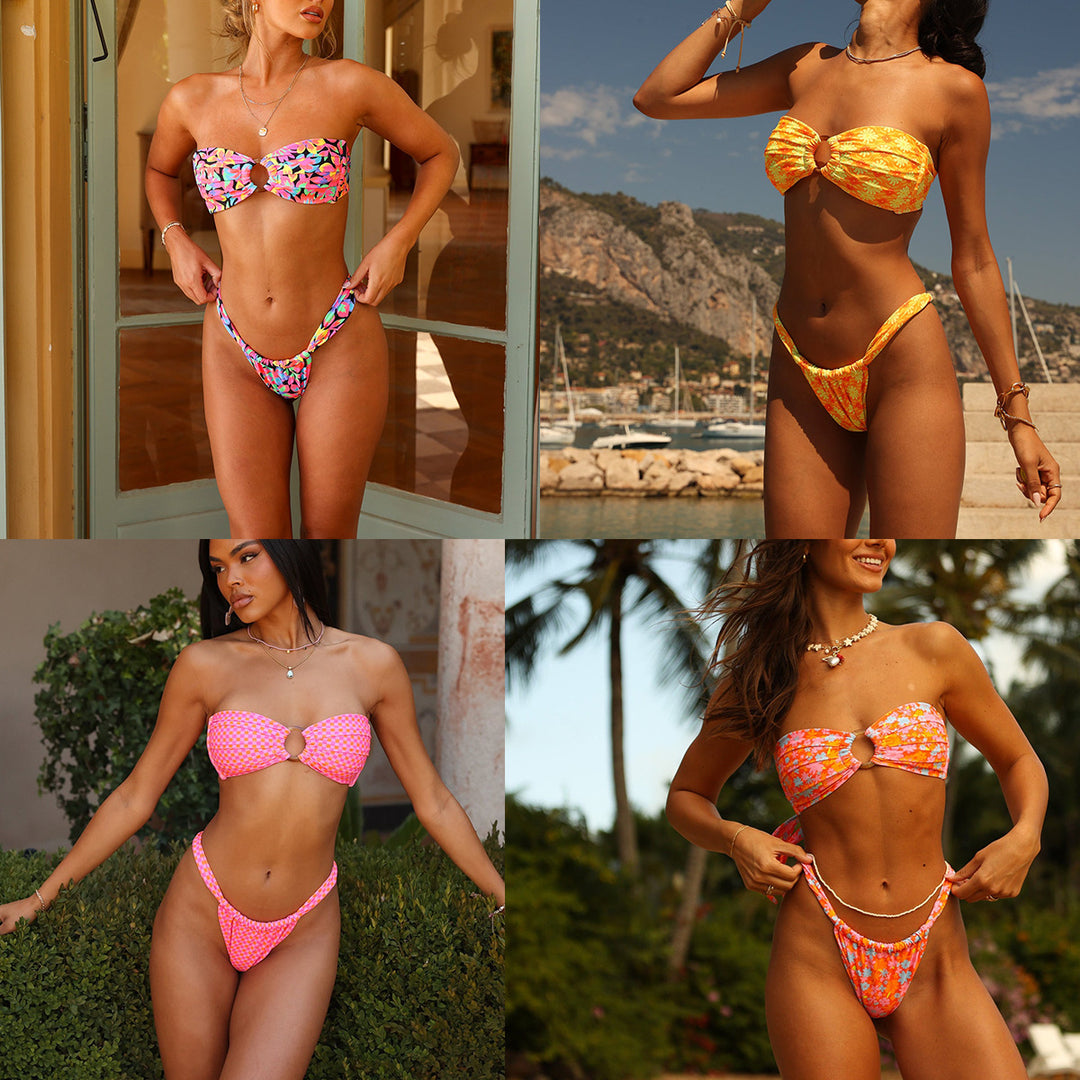 Dame bandeau-bikini med blomstret design og moderne cut-out Stilla