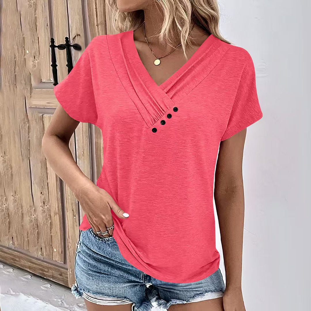 Dame T-shirt med V-udskæring og moderne knapper Stilla