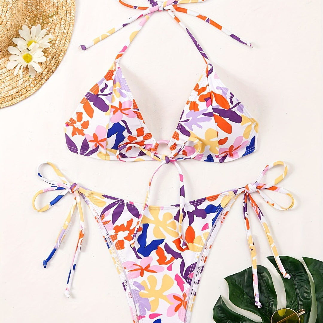 Dame Triangel-Bikini med justerbare snore og glad blomsterdesign Skovae