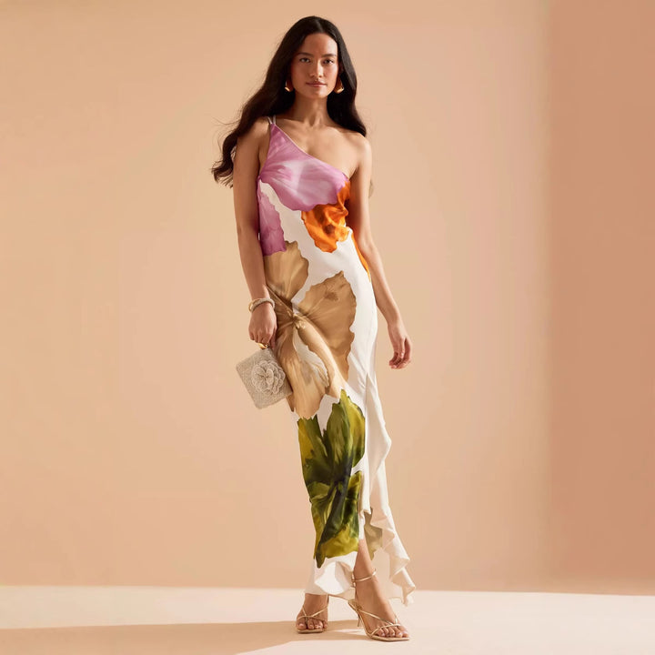 Dame One-Shoulder Maxikjole med blomsterdesign og elegant flæsekant Stilla