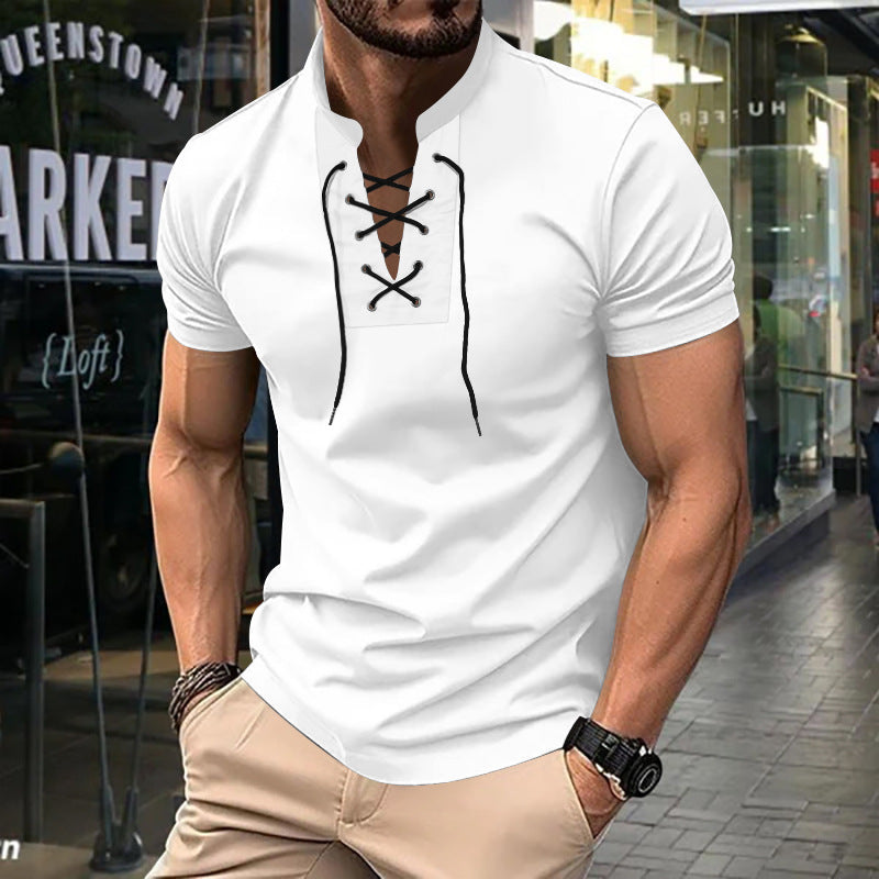 Herre kortærmet Henley-shirt med moderne snøringdesign Stilla