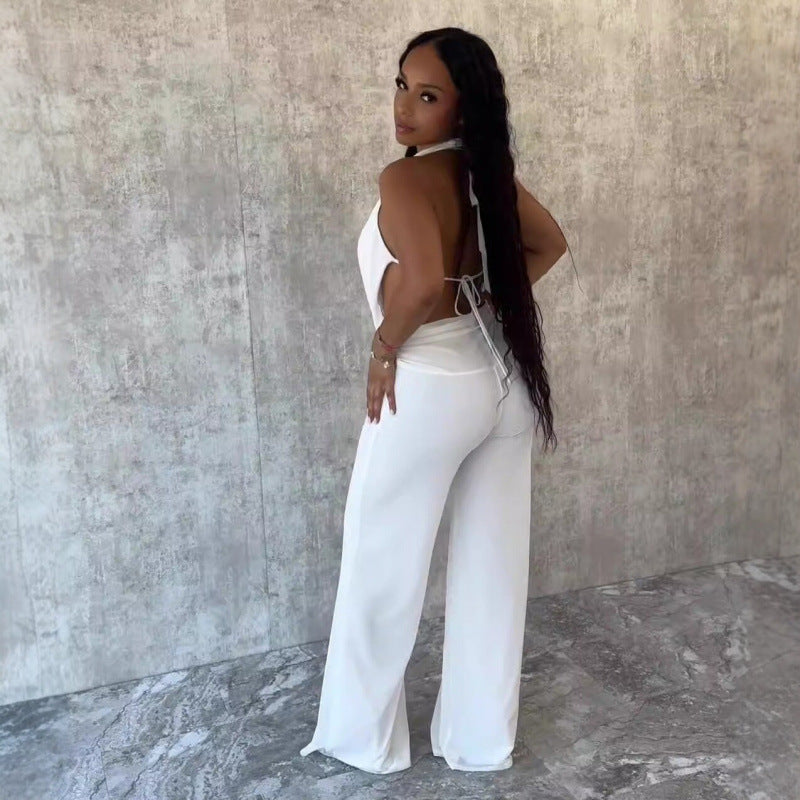 Damer Elegant Deep-V Jumpsuit med buet ryg og bred skåret ben Skovae