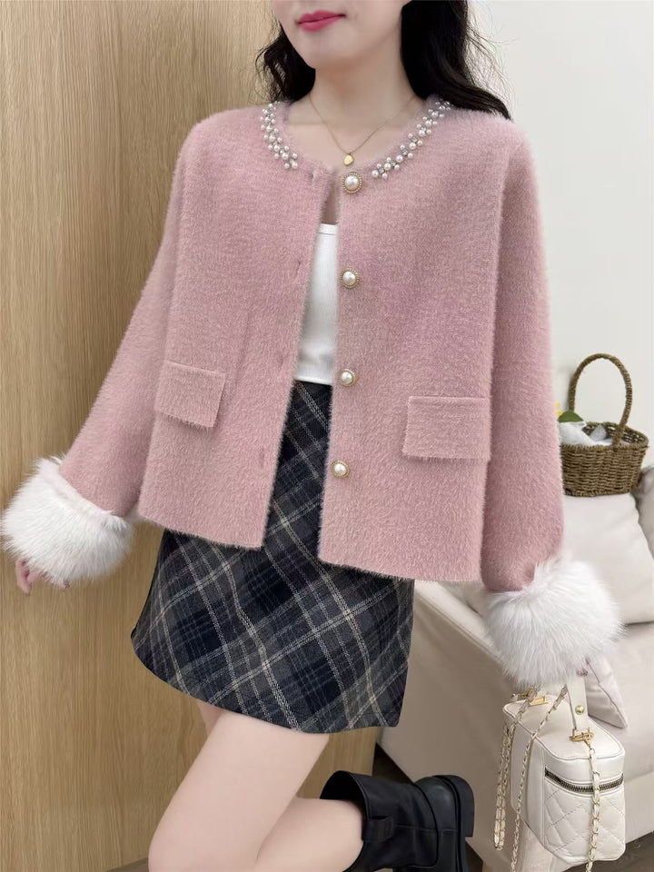 Damer elegant cardigan med perle dekoration og fluffy ærmer Stilla
