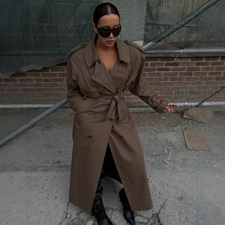Dame elegant trenchcoat med taljebælte og højt lukket krave Stilla