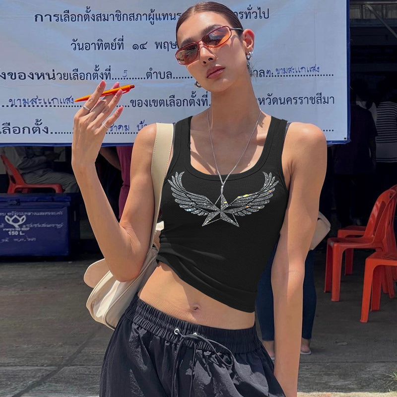 Dame Crop-Top med strass-applikation og feminin design Stilla