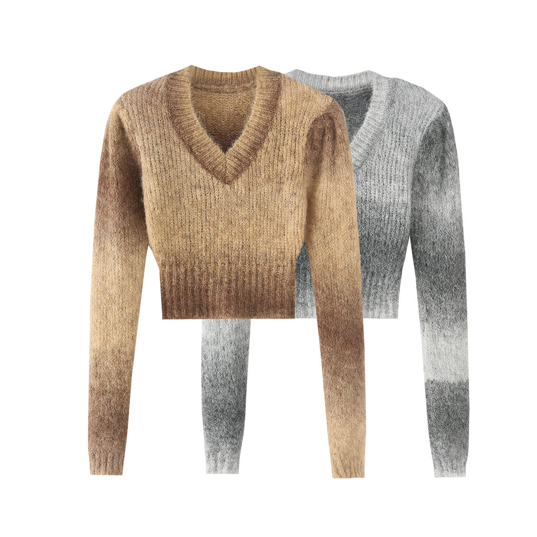 Dame kort sweater i moderne ombre design med dyb V-hals og lang arm Stilla