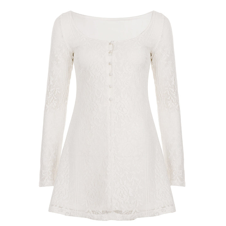 Damen elegantes Kleid mit Spitzenärmeln und Knopfdetails Skovae