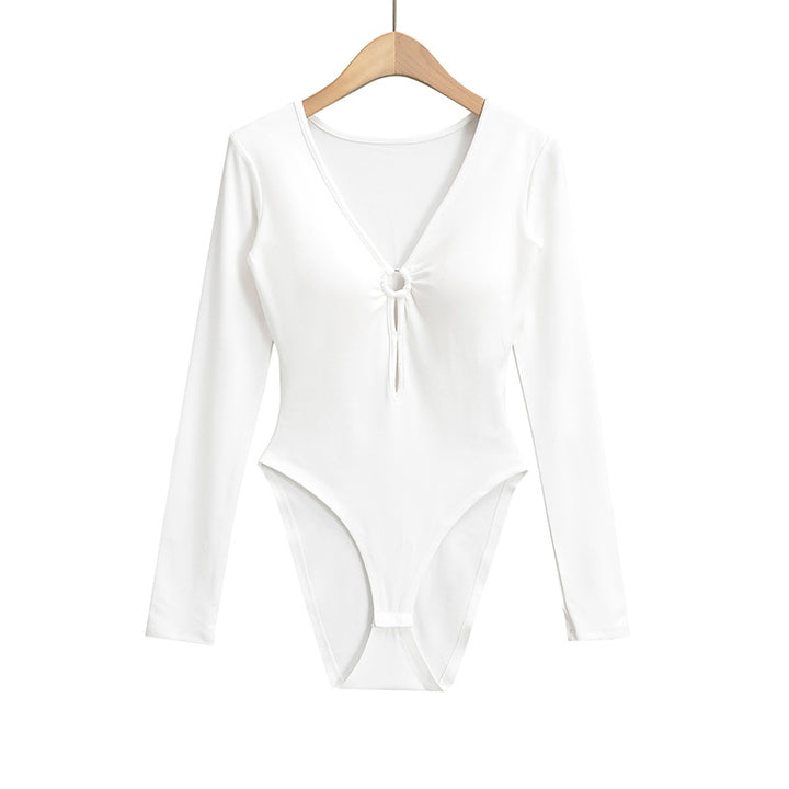 Dame Langærmet bodystocking med elegant V-hals og raffineret knude Stilla