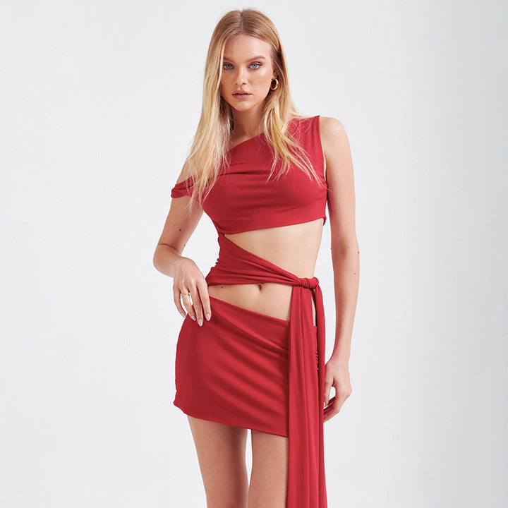 Dame Trendy Minikjole med asymmetrisk Cut-Outs og Bindebånd Skovae
