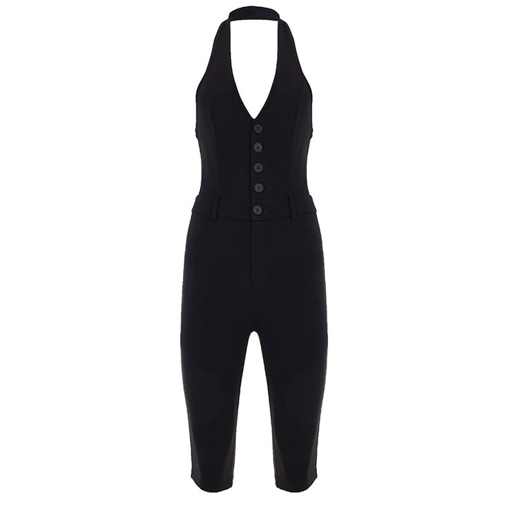 Dame figursyet jumpsuit med elegant halterneck og knapliste Skovae