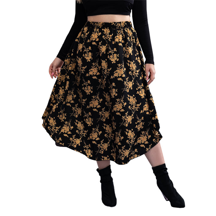 Dame blomsterformet midi-nederdel med elastisk taljebånd og elegant A-linje Stilla