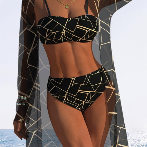 Dame Bikini-sæt med blomstret design og transparent strandjakke Skovae