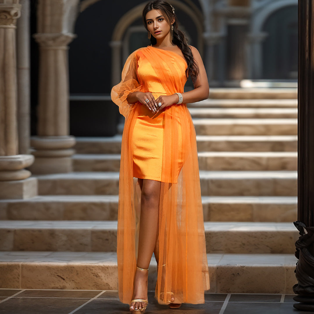 Dame elegant one-shoulder kjole med gennemsigtig tulleovertræk Skovae
