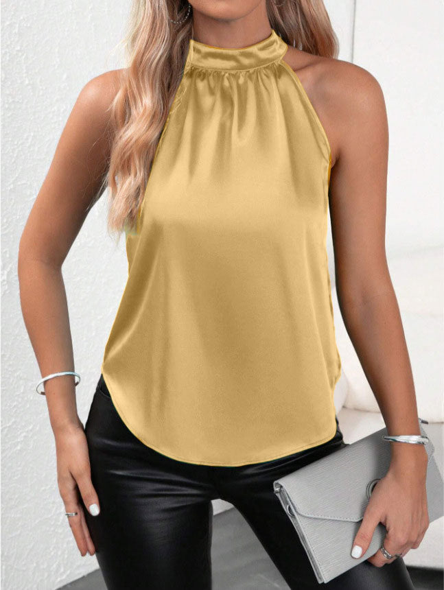 Dame Elegant Satin Top med høj hals Skovae