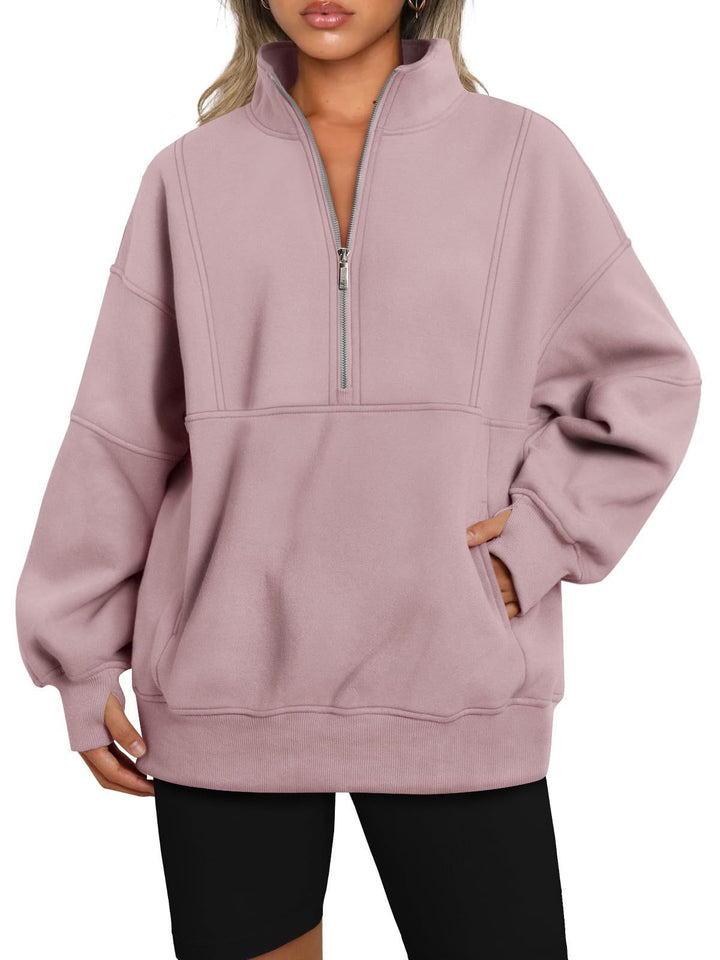 Dame Sporty Hoodie med halvdelen lynlås og voluminøse ærmer Stilla