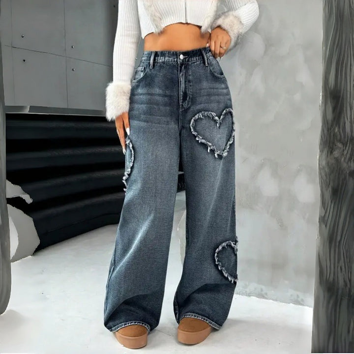Dame Loose Jeans med hjertebroderi og afslappet snit Skovae
