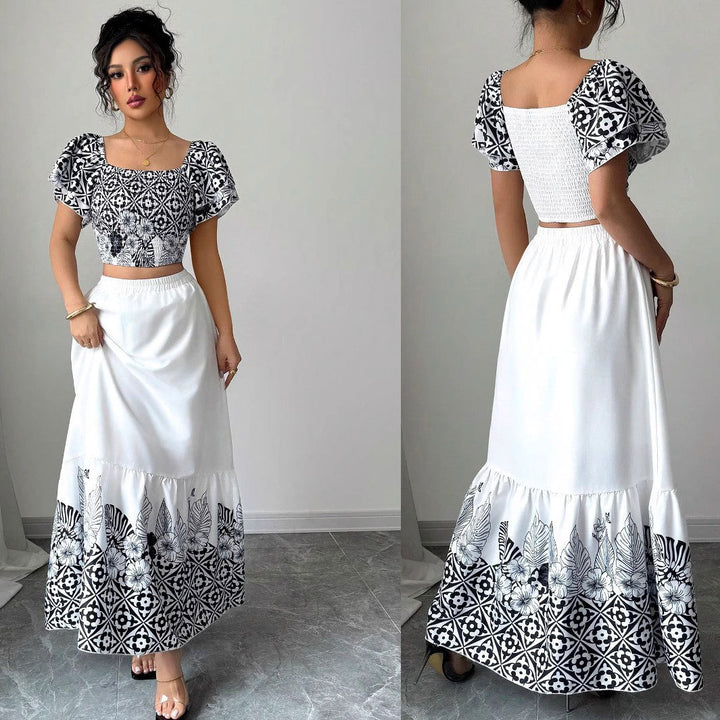 Dame Bohemian Trykt Crop Top og Maxi Skørt Sæt Stilla