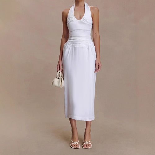 Dame Elegant og figurformet Midikjole med Halterneck Udsnit Skovae