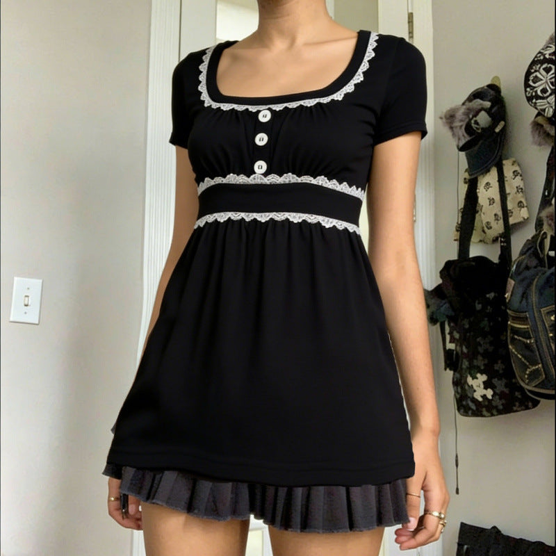 Damen Freizeitkleid mit Spitzenakzenten und eleganter Knopfleiste Skovae