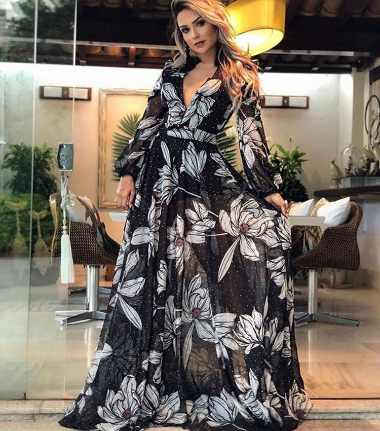 Dame Elegant Maxikjole med blomstret chiffon og dyb V-udskæring Stilla