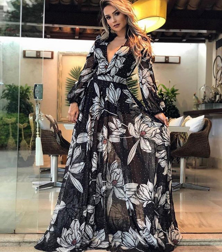Dame Elegant Maxikjole med blomstret chiffon og dyb V-udskæring Stilla
