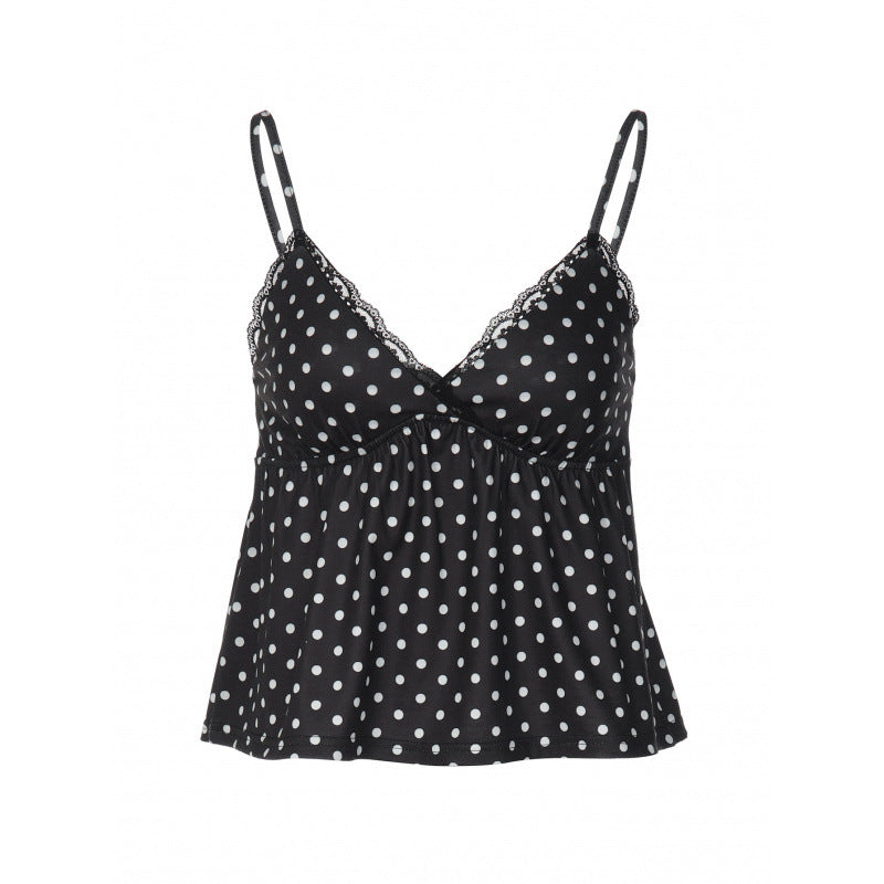 Dame Charmerende Spaghetti-top med Polka Dots og Flæsedetaljer Skovae