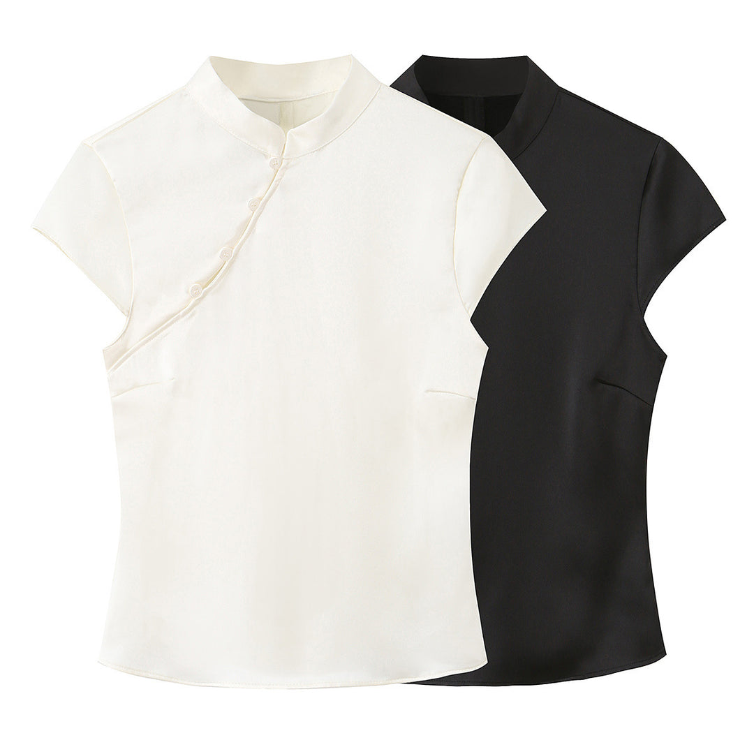 Dame elegant top med asymmetrisk krave og knapdetaljer Skovae