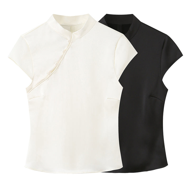 Dame elegant top med asymmetrisk krave og knapdetaljer Skovae
