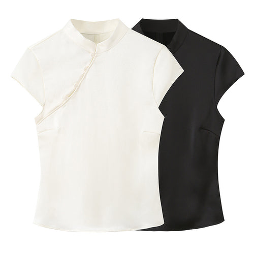 Dame elegant top med asymmetrisk krave og knapdetaljer Skovae