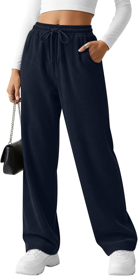 Damernes brede ribstrikkede bukser med snor Stilla