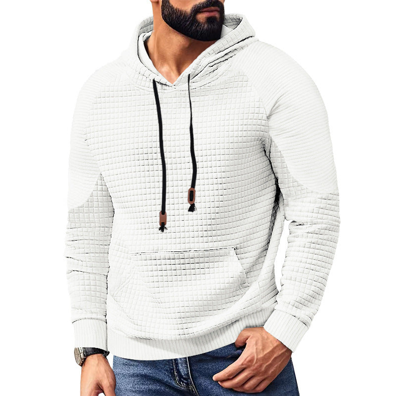 Herren nan kvadratstruktureret hættepullover i quiltet look med kængurulomme, raglanærmer og snor.