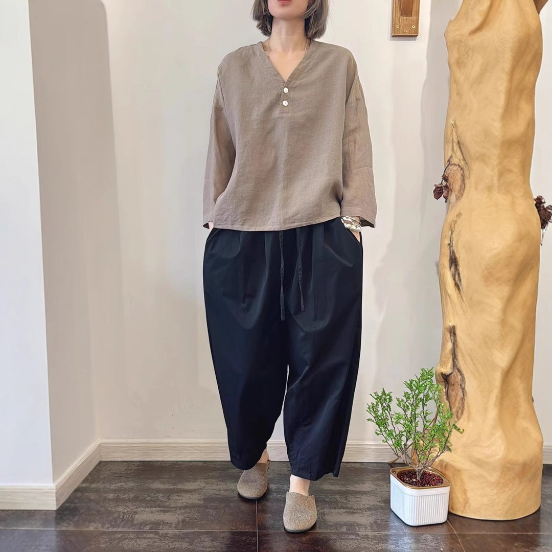 Femme Casual V-Udskæring Linned Top Stilla