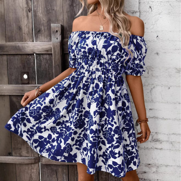 Dame Off-Shoulder Floral Mini Kjole med rynket Talje Stilla
