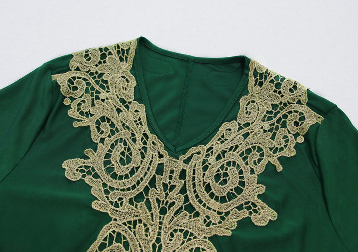 Dame Elegant Langærmet Kjolesæt med detalje-kærkommen Broderimønster Stilla