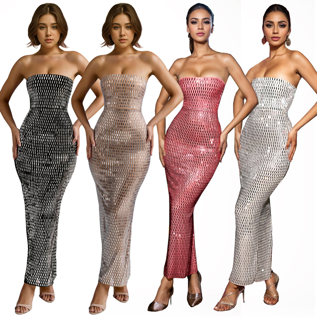 Dame off-the-shoulder maxikjole med figursyet snit og geometrisk mønster Stilla