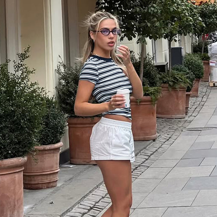 Dame figur-tight stribet T-Shirt med rund halsudskæring Skovae