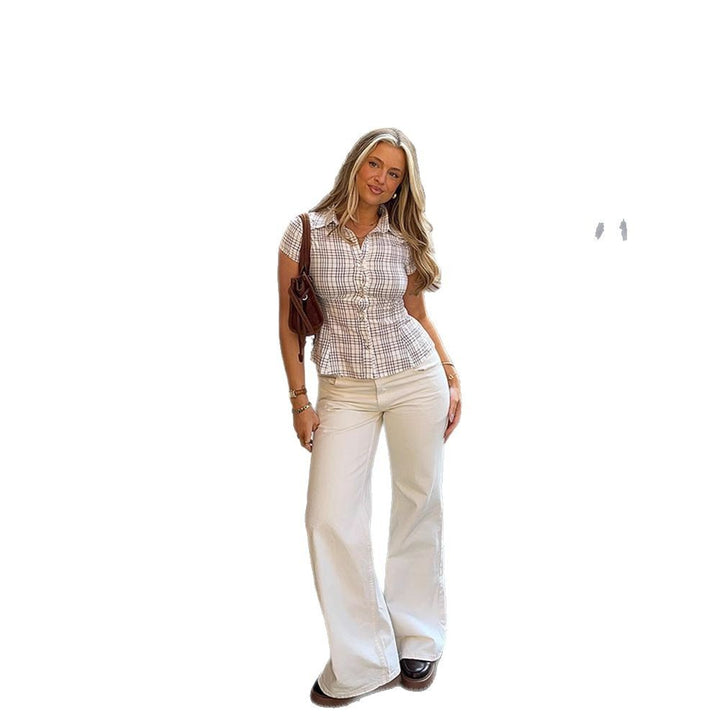 Dame Designer Bluse med figursyet snit og ternet mønster Stilla