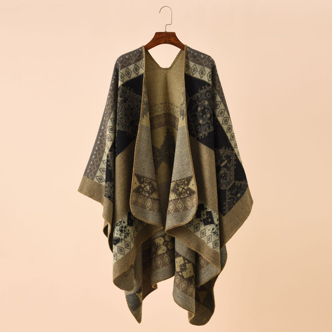 Dame Mode Poncho med Kunstnerisk Mønster og Frynset Kanter Skovae